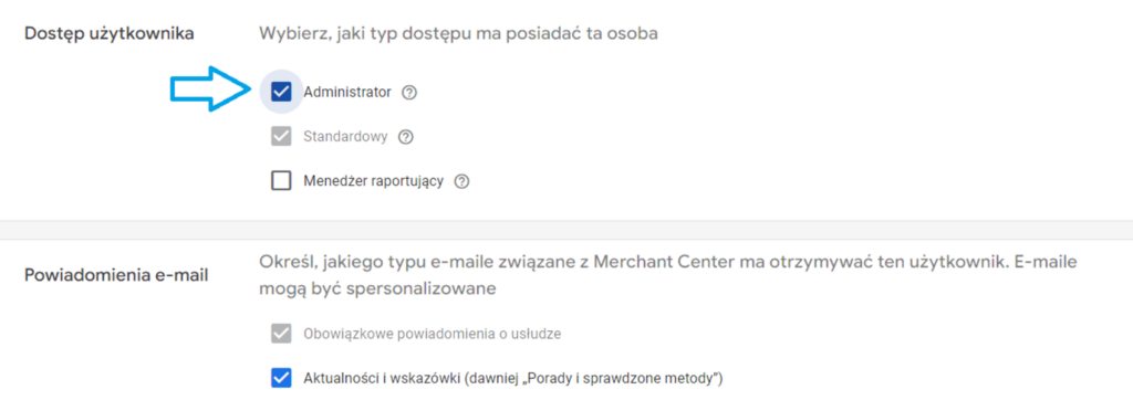 typy dostępu do konta merchant